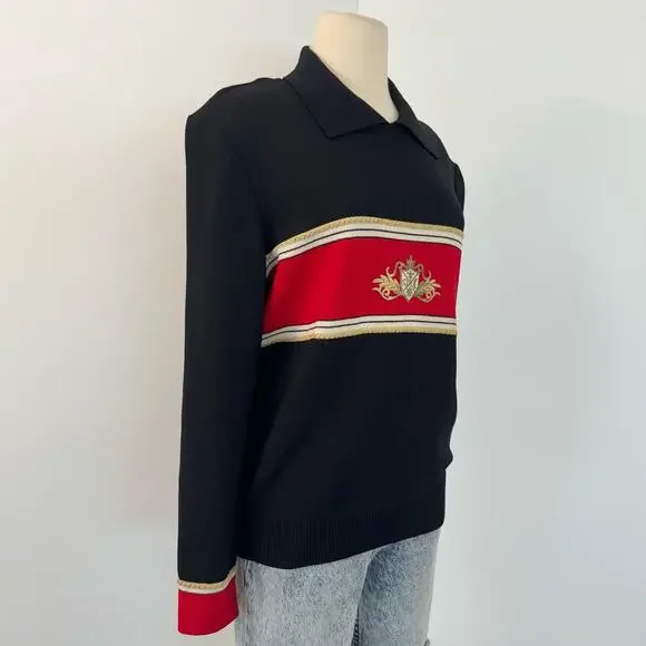 St. John Collection Collared Crest Pullover Sweater Black/Red Santana Knit M - Picture 3 of 14